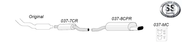 The illustration shows a schematic representation of a Simons sports exhaust system. The exhaust pipes, two silencers, mounting material and the company logo can be seen. The elements are numbered, e.g. 037-7CR and 037-8CPR.