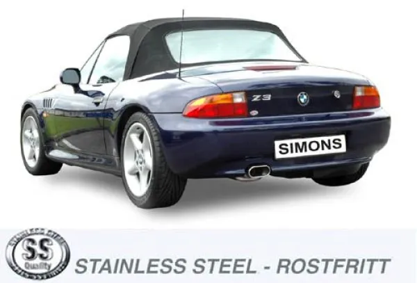 A blue BMW Z3 Roadster with black hood from behind. You can see the tailpipe of the Simons stainless steel sports exhaust system. The license plate bears the lettering "Simons". The lettering "Stainless Steel - Rostfritt" at the bottom.