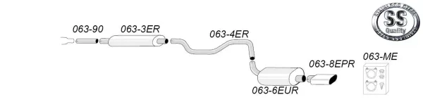 Sketch of a Simons stainless steel sports exhaust system for the SAAB 9-3 Turbo. Shown are the pipes and muffler. A tailpipe with a square opening. Mounting hardware is also shown. "Stainless Steel SS Quality" logo.