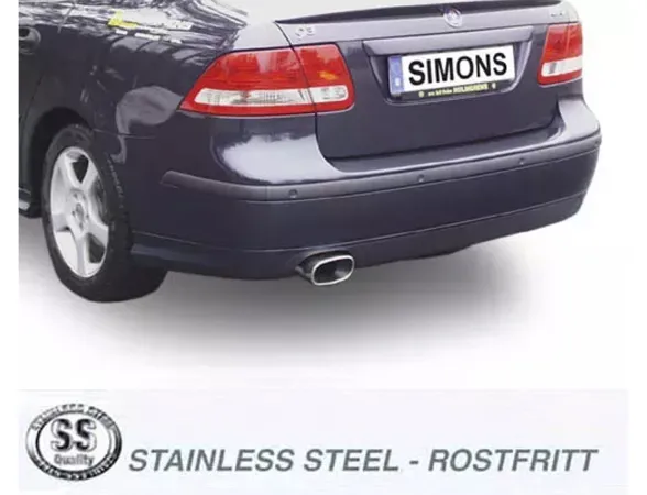 Rear view of a blue SAAB 9-3 equipped with a stainless steel sports exhaust system. The tailpipe is rectangular, measuring 85 x 150 mm. The words "Stainless Steel - Rust-Free" are visible beneath the car. The license plate reads "Simons".