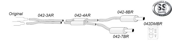 Sketch of a Simons stainless steel sports exhaust system. The system shows piping, silencer and mounting material. A logo with "SS Stainless Steel Quality" can also be seen. The duplex configuration with 100 mm tailpipes is shown.