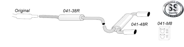 Schematic diagram of a Simons stainless steel sports exhaust system, consisting of pipes, silencers and tailpipes. The system is intended for an Audi TT 8N Quattro Coupé/Roadster 1.8T with EC approval. Mounting material included.