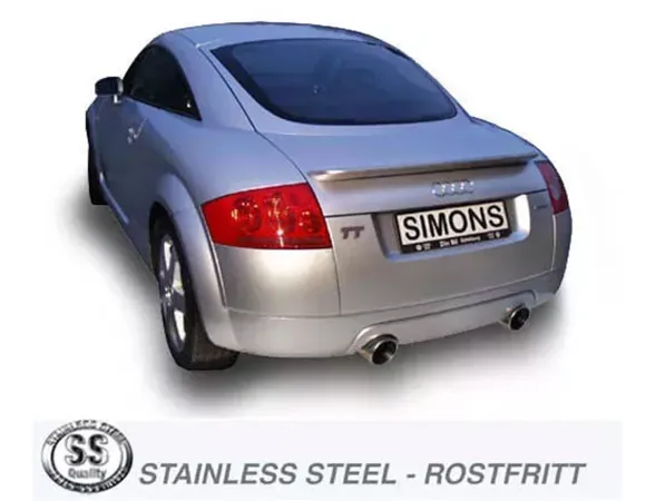 Rear view of a silver Audi TT 8N Quattro Coupé with Simons stainless steel sports exhaust system. Two round tailpipes are visible on the left and right under the bumper. A Simons license plate is attached. The Stainless Steel lettering can be seen.