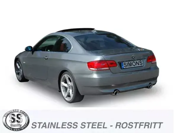 Rear view of a gray BMW E90 335i Coupé with duplex sport exhaust. Two round silver tailpipes visible. License plate reads "Simons". In the foreground is the manufacturer's logo and the text "STAINLESS STEEL - ROSTFRITT".