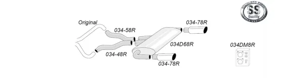 Sketch of a Simons Duplex stainless steel sports exhaust system. The sketch shows pipes, an absorption silencer and two tailpipes with a diameter of 100 mm. Various numbers such as 034-78R and a logo for stainless steel quality are shown.