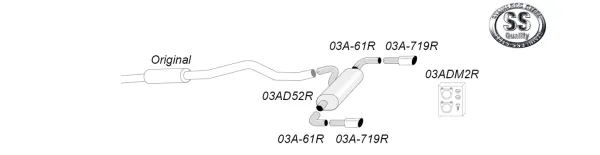 Schematic diagram of a Simons Duplex sports exhaust system for BMW F30: elongated pipe, rectangular silencer and two tailpipes, each 90 mm. Individual components with product codes. Simons Logo shown.