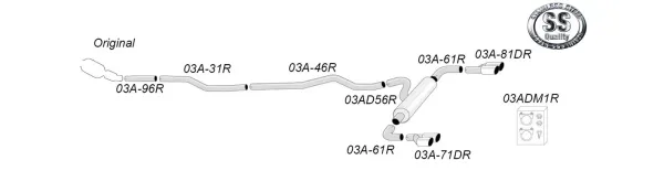 Diagram of a Simons stainless steel sports exhaust system for BMW F30/F31, duplex tailpipe 2x 80 mm. The exhaust system is labeled and shown in individual elements with product codes. Accessories and logo are also shown.