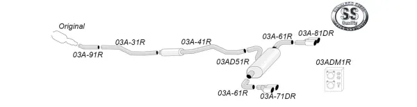 Overview Simons Sports exhaust system for BMW F30. The picture shows the complete stainless steel duplex exhaust system with two tailpipes. You can see pipes, mufflers and mounting material, as well as the arrangement of the exhaust system.