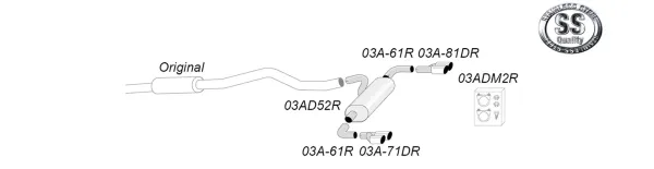 A schematic representation of the Simons stainless steel duplex sports exhaust system. The sketch shows the pipe system with two tailpipes, each 80 mm in diameter, and mounting material. The arrangement of the exhaust parts for the BMW F30 is shown.