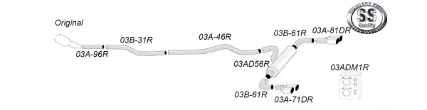 Diagram of a Simons stainless steel duplex sports exhaust system, consisting of pipes and a silencer. The tailpipes are Duplex with 2x 80mm diameter. The system is suitable for a BMW F34 GT 318D, 320D.