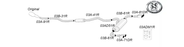 Diagram of a Simons stainless steel duplex sports exhaust system for BMW F34 GT 320i, consisting of pipes, connectors and two tailpipes. The system bears numbers to identify the individual parts.