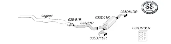 The illustration shows a schematic representation of the Simons stainless steel sports exhaust system Duplex 2x90 mm for BMW E82 1 Series M Coupé. You can see piping, a silencer, two tailpipes and mounting material, each with article numbers.