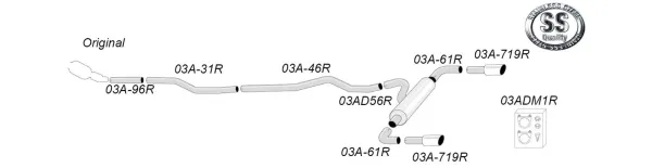 Sketch of a duplex sports exhaust system from Simons for BMW F30, 316D, 318D, 320D, consisting of piping, a silencer and two tailpipes. The system is made of stainless steel. Fastening material is also shown.