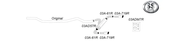 Diagram of a Simons stainless steel duplex sports exhaust system with 90 mm tailpipes. The system consists of several pipes, a silencer and mounting material. Original inscription and part numbers such as 03AD57R are shown. Logo stainless steel quality.