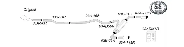Diagram of a Simons stainless steel duplex 90 mm sports exhaust system. The system consists of pipes, a silencer and tailpipes. Individual parts are marked with numbers such as "03A-719R". A "Simons Stainless Steel Quality" logo is visible.