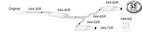 Illustration: schematic diagram of a Simons Duplex sports exhaust system (stainless steel) for Audi A4 (B6). To see: Pipes, silencer and mounting material with product numbers. Logo "SS Quality".