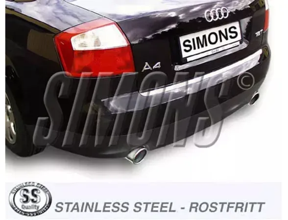 Rear view of a black Audi A4 with Simons stainless steel sports exhaust system. The duplex tailpipes, 100mm each, are positioned on the left and right. The license plate bears the name 'Simons'.