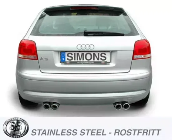 Rear view of a silver Audi A3 (8P) with Simons sports exhaust system. The duplex system with two tailpipes (2x80mm) on the left and right is clearly visible. License plate with "Simons" lettering. Stainless Steel" logo in the foreground.
