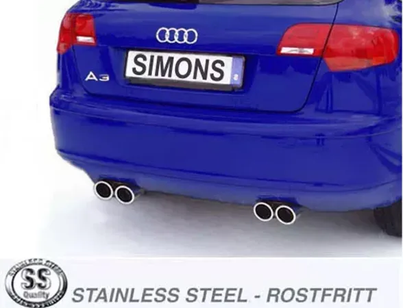 Rear view of a blue Audi A3 Sportback with Simons stainless steel sports exhaust. Duplex tailpipes (2x80mm) visible on the left and right. License plate with "Simons". Logo and text "STAINLESS STEEL - RUST-FREE" shown.
