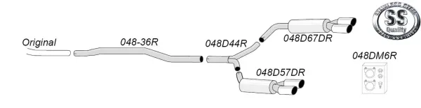 Schematic representation of a Simons duplex sports exhaust system made of stainless steel. With pipes and two rear silencers, each with two tailpipes (2x80mm). Accessories and mounting material are shown. Stainless Steel Quality" seal.