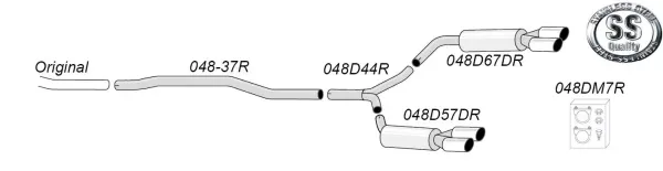 Schematic representation of a Simons duplex sports exhaust system made of stainless steel. The system is suitable for Audi A4 (B8) models and consists of several pipes, two rear silencers with two tailpipes each. Mounting parts are shown separately.