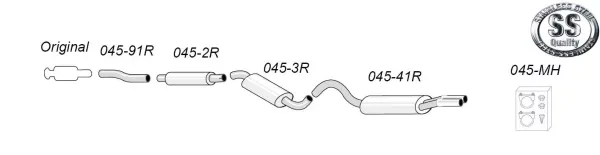 Schematic representation of a Simons stainless steel sports exhaust system for Audi 80, 90, Coupé Type 89. The set consists of various pipes, silencers, mounting accessories, clamps and a stainless steel quality logo. The system is registration-free.