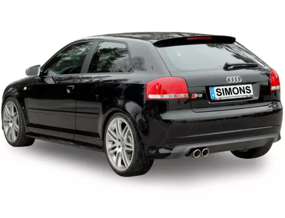 Black Audi S3 8PA Sportback from the rear, license plate with "Simons" lettering. Lowered suspension with alloy wheels. Simons Sports exhaust system with double tailpipes.