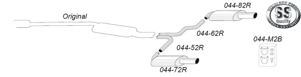 Schematic drawing Simons Sports muffler Duplex L+R for Audi A4 (B6): Pipes, rear silencer and accessories (clamps). EC approval and "Stainless Steel Quality" logo visible. Product no.: 044-82R, 044-62R, 044-52R, 044-72R, 044-M2B.