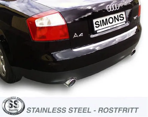 Close-up of the rear of a black Audi A4 (B6) with Simons sports muffler duplex L+R, 1x100 mm stainless steel tailpipes. License plate with "Simons" lettering is visible. Rear light and A4 logo can be seen.