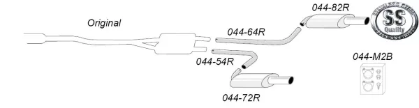 Sketch of a Simons Duplex sports exhaust system for Audi A4 (B6) Quattro with two tailpipes (1x100 mm L+R), pipes, silencer, mounting material and 'Stainless Steel Quality' logo. Schematic drawing of the exhaust system.