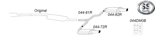 Schematic diagram of a Simons duplex sport rear silencer for an Audi A4 (B6). The drawing shows the arrangement of the pipes, the muffler and the mounting material. The stainless steel quality logo is also shown.