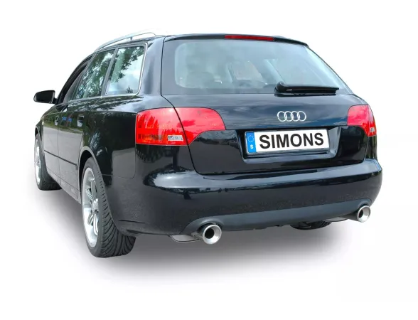 Black Audi A4 (B7) Avant from the rear. License plate "Simons". Stainless steel sports muffler duplex L+R 2x100 mm is mounted and visible. The tailpipes of the exhaust are made of stainless steel and have a diameter of 100 mm.