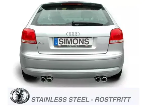 Rear view of a silver Audi A3 with four tailpipes of a Simons stainless steel sports exhaust system. The license plate bears the name "Simons". The "Stainless Steel" logo can be seen underneath the car.