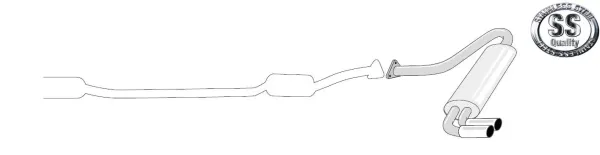 Sketch of a Simons sport rear silencer for Audi S2, made of stainless steel. Two tailpipes, connected with a pipe that leads to a silencer. In front, a connecting piece to the rest of the exhaust. Stainless steel quality" logo.