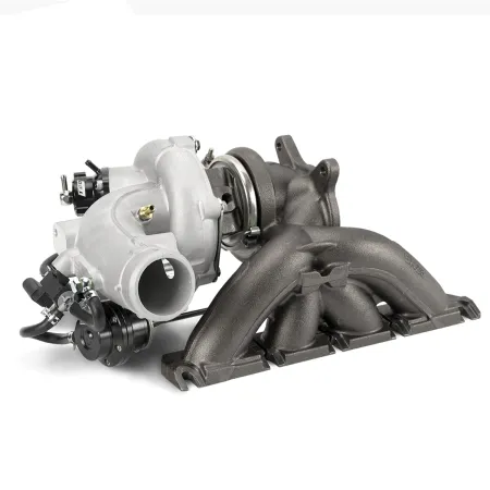 Close-up of a turbocharger upgrade K04-064 Hybrid GEN II, consisting of a silver and an anthracite-colored part. The silver part has black add-on parts. The turbocharger is mounted on ball bearings.