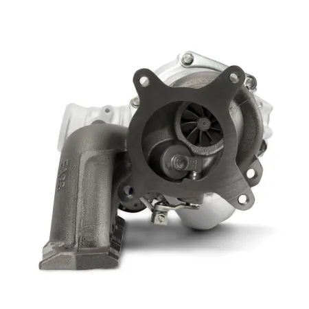 Close-up of a turbocharger upgrade K04-064 Hybrid GEN II. The turbocharger is gray and silver, the turbine is visible. Various details of the ball-bearing turbocharger can be seen. The photo is taken against a white background.
