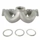 Detailed view of a shiny, silver-gray BAR-TEK 1.8T 20V top-mount exhaust manifold made of cast stainless steel. Four flow-optimized pipes lead into a central V-band connector. Three adapter rings for turbochargers.
