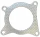 Silver-colored, perforated metal gasket, irregularly shaped, with a large round center hole. Four tabs feature smaller, round mounting holes. For the connection between the turbo and the 2.0 TFSI downpipe.