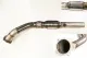 Stainless steel downpipe for the Golf 4, Audi A3, and TT with ECE approval. The pipe features a 200-CPI sport catalytic converter, a flexible section, and two lambda sensor connections. The image also shows detailed views of the pipe ends.