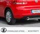 Close-up of a red Golf VI, rear view. You can see the wheel, rear light, license plate and the stainless steel sports exhaust with a tailpipe (100mm). At the bottom of the picture is a logo with the words "STAINLESS STEEL - ROSTFRITT".