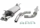 Silver Simons sports exhaust system for Audi A3 (8L). Two rear silencers, pipes and three clamps on a white background. One rear silencer has two tailpipes. The material is stainless steel.