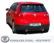 Rear view of a red VW Golf V GTI with duplex stainless steel sports exhaust system L+R. Tailpipes each 1x100 mm centered under the bumper. License plate with "Simons". Stainless Steel" logo in the foreground.