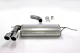 Stainless steel sports muffler from Simons, consisting of a shiny rear silencer with two 80mm tailpipes. You can also see a bent pipe and mounting accessories such as clamps. The background is white.