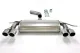 On a white background is a Simons stainless steel duplex sports muffler for Golf V GTi/GTi Edition 30. The muffler has two tailpipes on the right and left. A curved pipe, clamps and a connecting piece are located above.