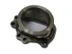 Close-up of a Garrett GT2871R turbocharger component. The metal part has a round opening with a welded flange that has several holes for bolts or fasteners. The surface is slightly rough and shows signs of welding.