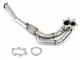 Polished stainless steel downpipe, 70mm, for Opel Calibra Turbo. Features a flexible braided section and sensor connection. The wider end has two round openings with a flange and 6 bolt holes. Includes two gaskets.