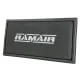 Rectangular RamAir Sport air filter insert constructed from dark gray, double-layer foam bearing a white RAMAIR logo. Sturdy, dark gray rubber frame designed for optimized airflow and filter performance, compatible with Golf 4, Audi A3, and Seat Leon.
