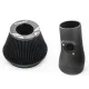 The RamAir Proram intake kit for the Toyota GR Yaris is shown. On the left is a conical, black air filter. On the right is a matte black, molded intake pipe with gold screws. Both parts are displayed on a white background.