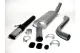 On a white background are the individual parts of an exhaust system from Simons: A silver tailpipe, an elongated silver silencer with curved pipe, a curved silver pipe, mounting material such as clamps and rubber holders.