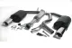 Simons Chrome Steel Duplex Sport Exhaust System: curved and straight stainless steel pipes, two black rear mufflers with shiny oval chrome tailpipes, and a center muffler. Includes clamps and mounts.
